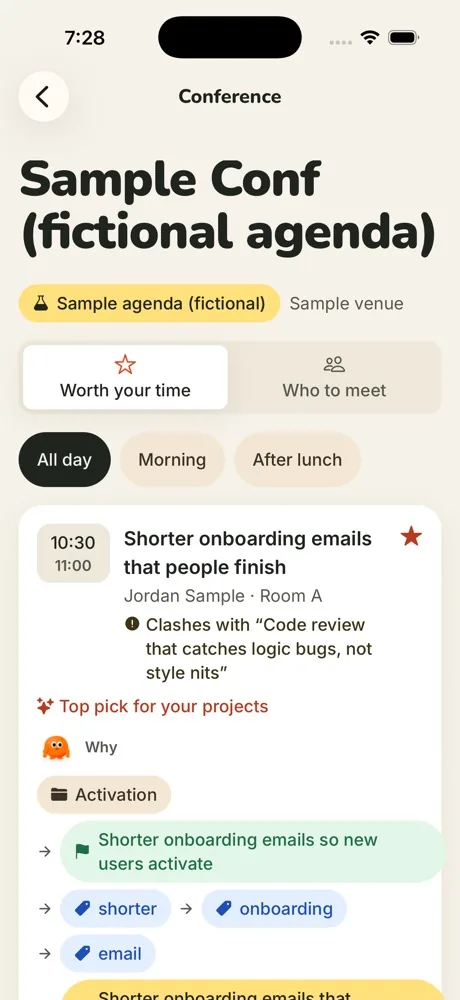 Worth your time tab for a fictional sample conference: a talk ranked as a top pick, with a clash note and the path from the Activation project through its goal and the topics shorter, onboarding and email.
