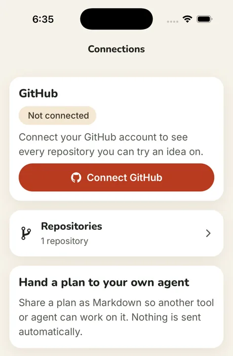 Connections screen with a Connect GitHub button, a Repositories row, and an option to hand a plan to your own agent.