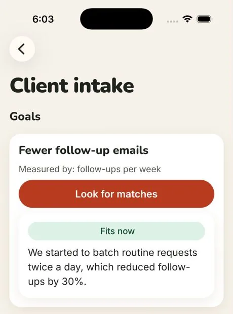 Client intake project with the goal “Fewer follow-up emails”, a Look for matches button and a takeaway marked Fits now.
